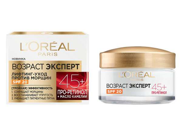 Крем для лица `LOREAL` `ВОЗРАСТ ЭКСПЕРТ` лифтинг-уход против морщин SPF20 45+ (про-ретинол и масло камелии) 50 мл